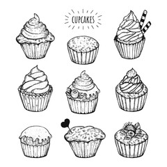 cupcakes vector doodles. cupcake dessert hand drawing. dessert vector sketch.cupcakes coloring vector