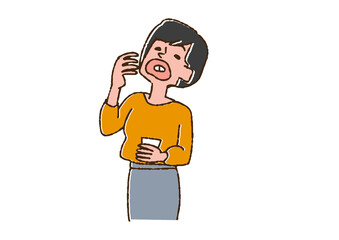 薬を飲んでいる女性　コミカルな手書きの人物　ベクター、線画にカラー