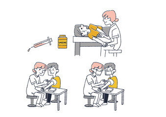 注射に関する人物イラストセット　コミカルな手書きの人物　ベクター、線画にカラー