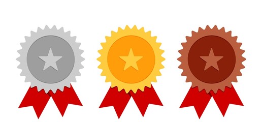 Winner medals. Gold silver bronze trophy with red ribbos. Vector awards