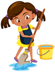 Girl mopping the floor on white background