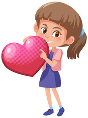 A girl holding pink heart in cartoon style
