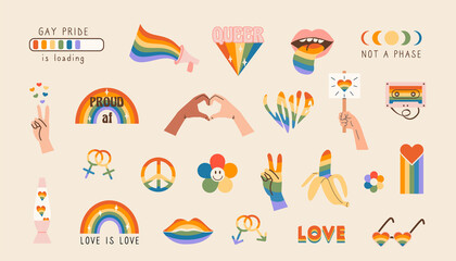 Vector set of LGBTQ community symbols with pride flags, gender signs, retro rainbow colored elements. Pride month stickers. Gay parade groovy celebration. LGBT flat style icons and slogan collection. - obrazy, fototapety, plakaty