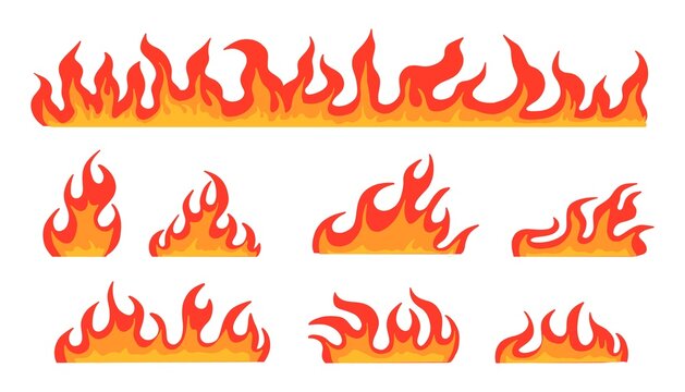 Fire flame. Cartoon bonfire collection. Vector burn fireplace set