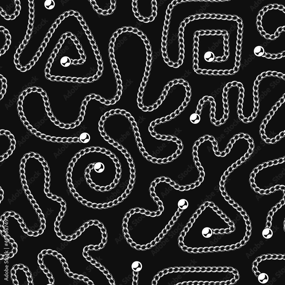 Poster seamless pattern with various abstract shapes of metal chains and beads on a black background. white