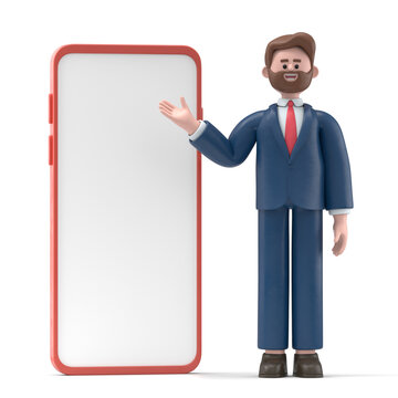3D illustration of a smiling businessman Bob  with big phone.Portraits of cartoon characters standing man pointing finger at screen, 3D rendering on white background.