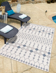 Modern outdoor area rug textile design. Modern exterior area floor carpet design.