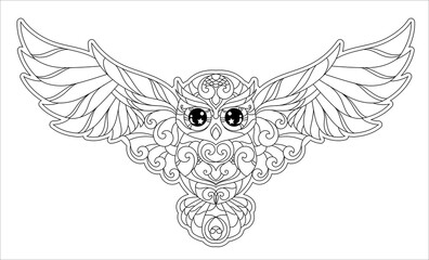 Coloring book. Owl. bird on white background. Lineart design painting with doodle and zentangle elements. Vector illustration. Anti stress coloring book - 499068488