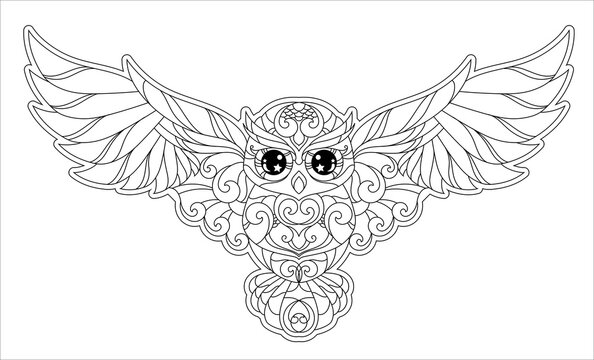 Coloring book. Owl. bird on white background. Lineart design painting with doodle and zentangle elements. Vector illustration. Anti stress coloring book