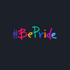 Be Pride slogan to express support for LGBTQIA communities. Pride Month celebration logo. Rainbow-colored hand lettering Dark blue background
