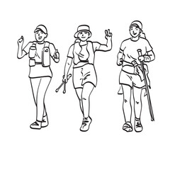 line art three female athlete runners with trekking poles running up mountain trail illustration vector hand drawn isolated on white background