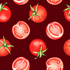 Tomatoes. Seamless pattern. Watercolor illustration. Isolated on a dark red background. For design.