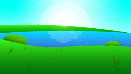 Obraz na płótnie Canvas Bright sun shinning on green landscape