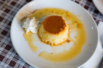 Image of sweet creme dessert with caramel crust flan con nata, typical catalan dessert of Spain