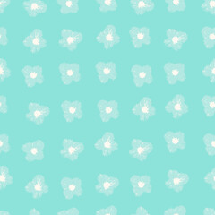 Seamless colorful pattern with hand drawn viola flower heads in rows on light background for surface design and other design projects