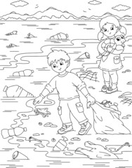 Children clean up the ocean coast from garbage. The problem of ecology. Ocean plastic pollution. Coloring book page for kids. Cartoon style character. Vector illustration isolated on white background.