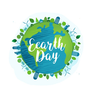 Happy earth day. "Earth Day, 22 April" with the globe and world map for saving environment, save clean green planet, ecology concept. card for world earth day. vector design