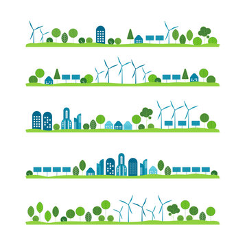 Bundle of urban landscapes with eco city using modern ecologically friendly technologies - wind power, wind turbine, solar energy, hills and trees. eco and green energy concept. vector design