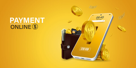 online payment via mobile phone.Coin drop in smartphone on yellow background. Shopping through your smartphone without having to carry cash. Pay online through an online wallet on your smartphone. - obrazy, fototapety, plakaty