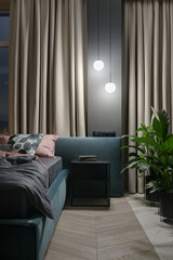 bedroom, evening bedroom, interior of a bedroom, bedroom in modern apartment	