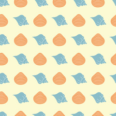 Vector pattern with shells. Beautiful orange and blue shells. Diffrent seashells for textiles, postcards and other products.