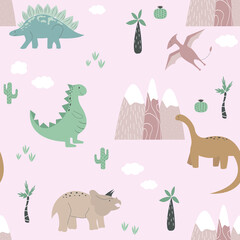Cartoon dinosaurs kids seamless pattern. Funny animals. Baby print in pastel colors. Vector illustration of dino in Scandinavian style. Cute childish background with dinosaurs.
