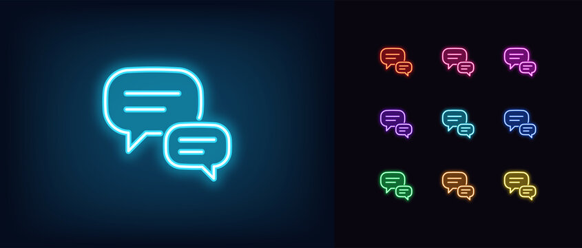 Outline neon chat icon. Glowing neon speech bubble, text message pictogram. Live chat