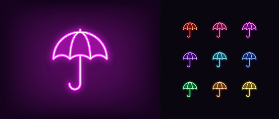 Outline neon umbrella icon. Glowing neon umbrella sign, parasol pictogram. Fashion accessory - obrazy, fototapety, plakaty