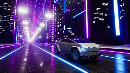 Futuristic transport car on the road in metaverse city. 3d render