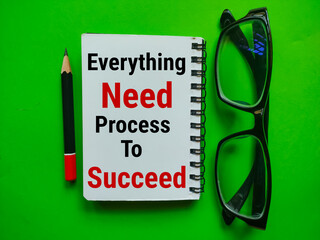 Pencils, notebooks and glasses. The motivational concept of “Everything Need Process To Succeed”.