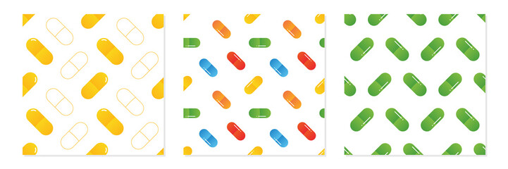 Set, collection of three vector seamless pattern backgrounds with colorful food supplements, pills, medications for healthcare, medical design.
