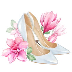 Wedding shoes with blooming magnolia. Isolated on white - 499074832