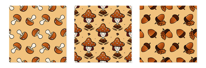 Set, collection of three vector seamless pattern backgrounds for autumn, fall design with mushrooms, acorns and girl wearing dotted mushroom hat.
