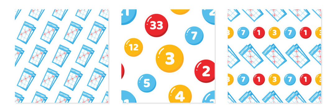 Set, collection of three vector seamless pattern backgrounds with lottery tickets and colorful lottery numbered balls.