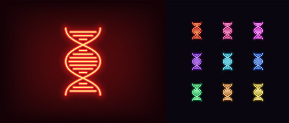 Outline neon DNA icon. Glowing neon DNA helix sign, gene pictogram