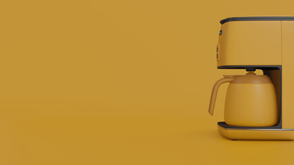 Americano Coffee maker cartoon rendering. Side view coffee machine minimal style illustration isolated in studio yellow background. 3d render