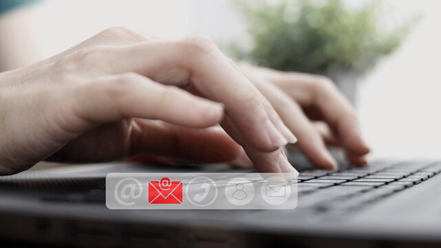 Connecting people through technology with laptop computers. Work form home. Email communication. Call phone, address, Chat message icons.