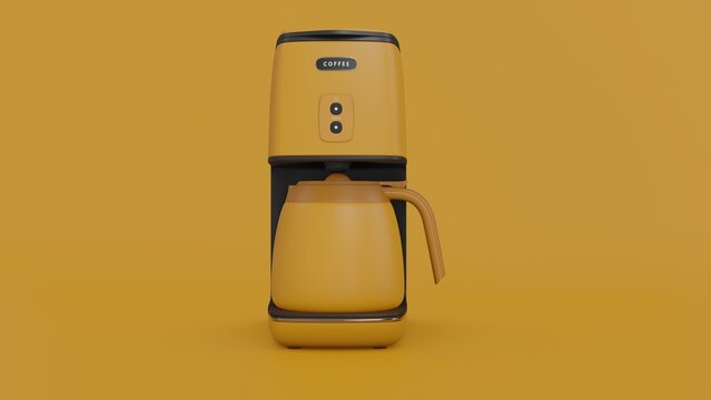 Americano Coffee Maker Cartoon Rendering. Front View Coffee Machine Minimal Style Illustration Isolated In Studio Yellow Background. 3d Render