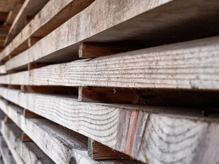 Natural drying of boards in the open air. Building material.