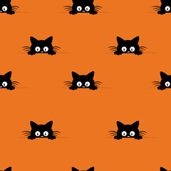 Happy Halloween seamless pattern,  postcard, banner, flyer on orange background with spiders, web, bats and black kitten. Paper cut style.