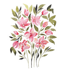 Watercolor elements of flowers collection garden pink, blue flowers, leaves, branches, botanical illustrations isolated on white background.