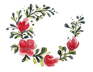 Watercolor elements of flowers collection garden pink, blue flowers, leaves, branches, botanical illustrations isolated on white background.