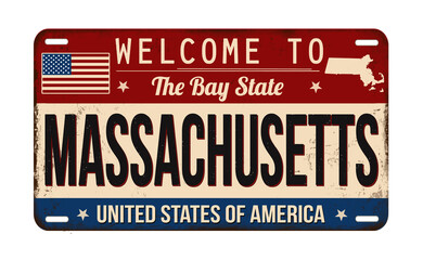 Welcome to Massachusetts vintage rusty license plate - obrazy, fototapety, plakaty