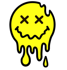 Smiling character with closed eyes. Melting smile. Funny psychedelic surreal techno acid LSD melt smile face logo. Dripping smile. Good mood. Positive emoji. Molten. Sad face. Vector emoji. Emoji face