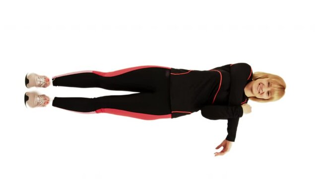 Close Up Vertical Shot of a Happy Woman Stretching Before Going out Jogging and Running - white background