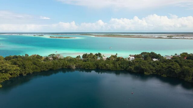 Wide angle panning downward drone shot showing the seperation of Cenote Azul and the famous tourist destination of the lagoon of seven colours located in Bacalar, Mexico shot in 4k.