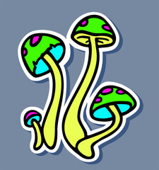 Fototapeta premium Neon mushrooms sticker. Neon glowing toadstool group. Psychedelic hipster element. Fairytale fungi plant with hallucinogen effect single sticker, clipart.