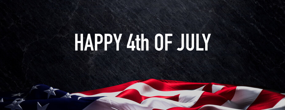 Independence Day Banner with American Flag and Black Rock Background.