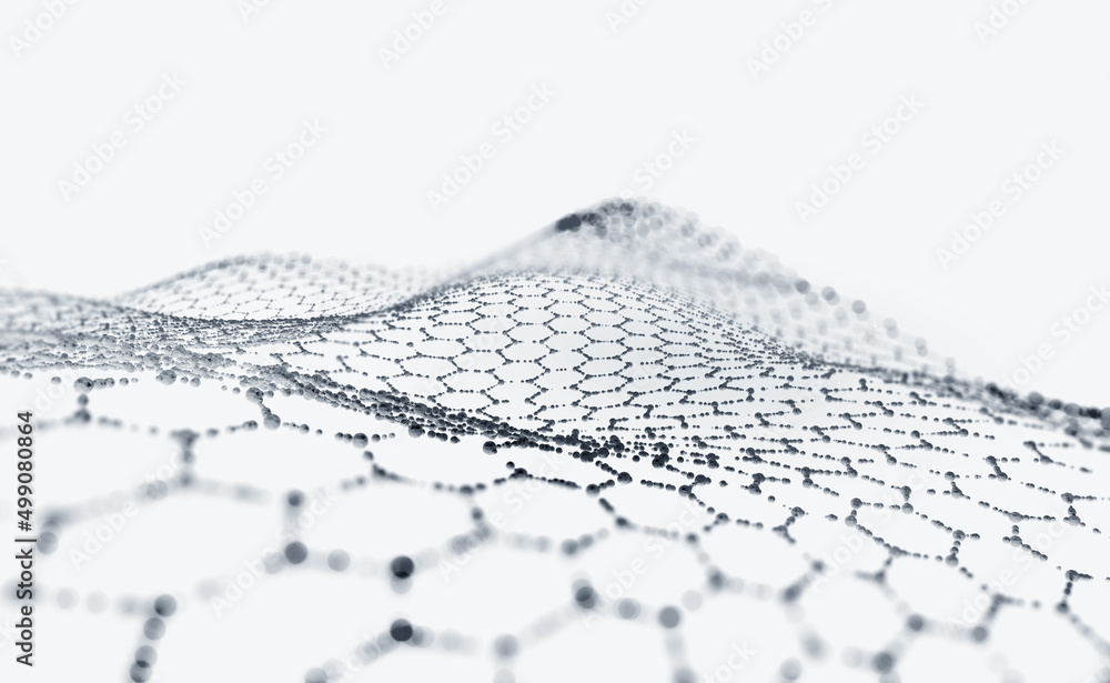 Poster Hexagonal nano grid. Molecular network of connected honeycombs. Neural network. Concept of nanotechnology and big data. 3D illustration of particle field in cyberspace