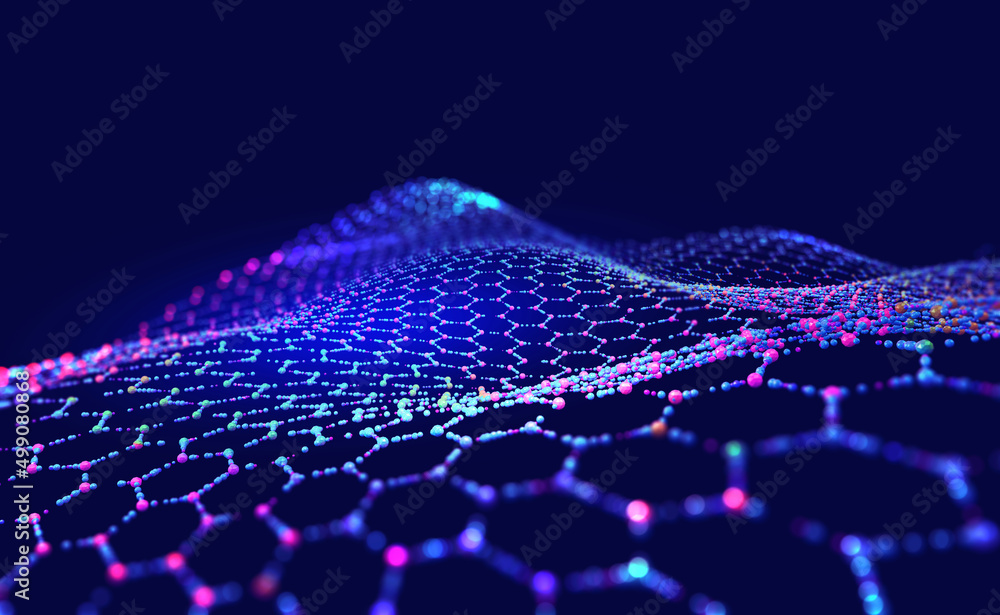Poster Hexagonal nano grid. Molecular network of connected honeycombs. Neural network. Concept of nanotechnology and big data. 3D illustration of particle field in cyberspace